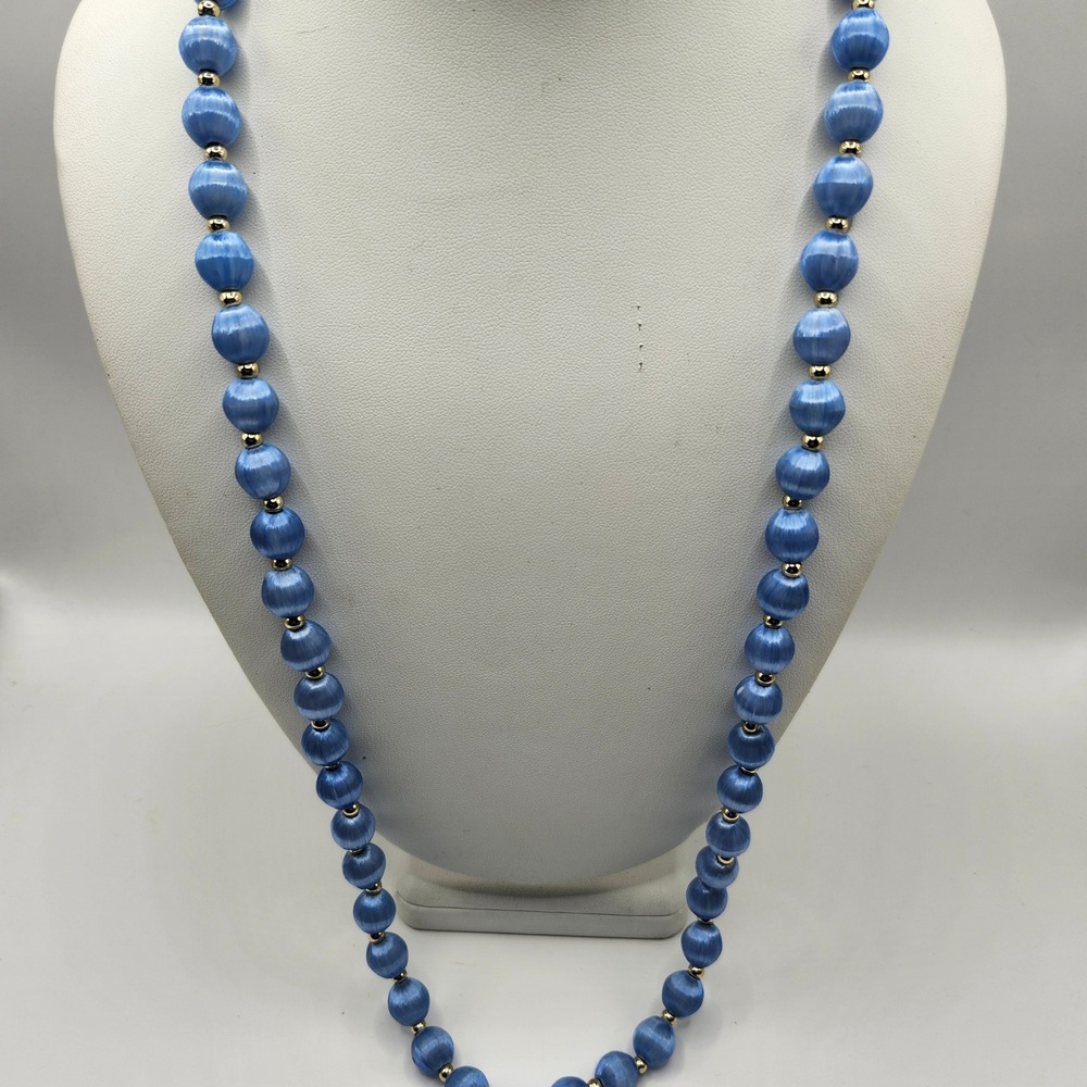 Vintage Blue Satin Silk Thread Wrapped Bead Necklace Gold Tone Spacers Korea NOS